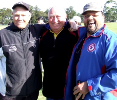 Three rascals and absolute legends of the North West. Past Moonee Valley presidents and on-field protagonists Darren Nagle (left) and Sandro Capocchi flank Ralph Barron, who had many a tussle with us at Pascoe Vale Centrals.